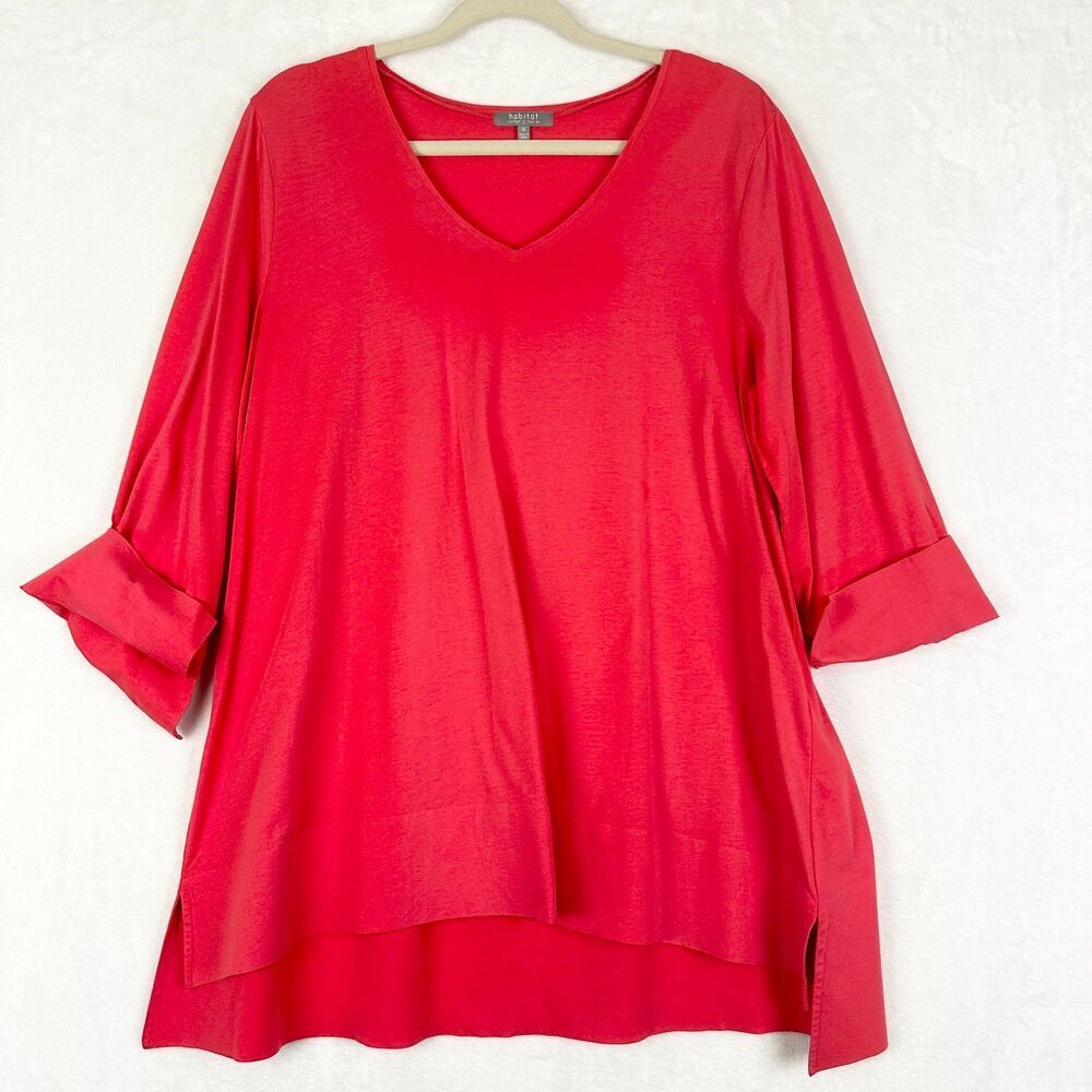 Habitat Deep Hem Tunic Size Medium Cotton Trapeze V-Neck 3/4 Sleeve Coral Red